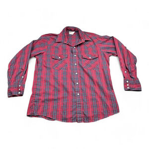 Vintage Key Imperial Western Shirt Adult EXTRA LARGE Red Black Plaid 16 1/2 80s